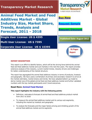 Transparency Market Research

Animal Feed Market and Feed
                                                                        Buy Now
Additives Market - Global
Industry Size, Market Share,                                            Request Sample
Trends, Analysis and
                                                                        Request Discount
Forecast, 2011 - 2018
Single User License: US $ 4395
                                                                          Published Date: August 2012
Multi User License: US $ 7395

Corporate User License: US $ 10395
                                                                                        91 Pages
                                                                                       Report
                                                                                        51 Pages


       REPORT DESCRIPTION

       This report is an effort to identify factors, which will be the driving force behind the animal
       feed and feed additives market and sub-markets in the next few years. The report provides
       extensive analysis of the industry, current market trends, industry drivers and challenges
       for better understanding of the market structure.

       The report has segregated the animal feed additives industry in terms of products, livestock
       and geography. We have used a combination of primary and secondary research to arrive at
       the market estimates, market shares and trends. We have adopted bottom up model to
       derive market size of the global animal feed and feed additives market and further validated
       numbers with the key market participants and C-level executives.

       Read More: Animal Feed Market

       This report highlights the industry with the following points:

              Definition, estimates & forecast of animal feed and feed additives product market
              from 2011 to 2018

              To measure the animal feed additives market and its various sub-segments,
              including the market by livestock and geography

              To analyze the forecasts and the major factors driving and inhibiting growth of the
              animal feed additives market and its segments
 