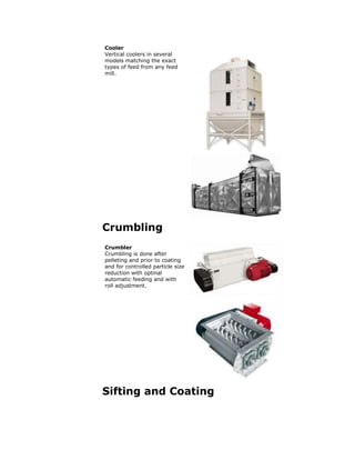 Crumbling
Sifting and Coating
Cooler
Vertical coolers in several
models matching the exact
types of feed from any feed
mill.
Crumbler
Crumbling is done after
pelleting and prior to coating
and for controlled particle size
reduction with optinal
automatic feeding and with
roll adjustment.
 