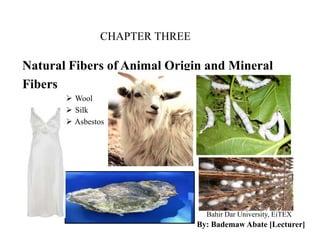 CHAPTER THREE
Natural Fibers of Animal Origin and Mineral
Fibers
Wool
Silk
AsbestosAsbestos
By: Bademaw Abate [Lecturer]
Bahir Dar University, EiTEX
 