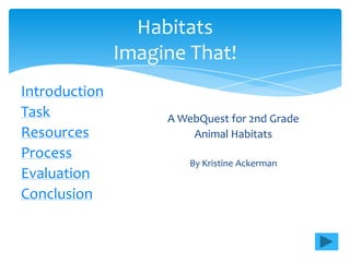 Habitats
               Imagine That!
Introduction
Task                A WebQuest for 2nd Grade
Resources               Animal Habitats
Process
                        By Kristine Ackerman
Evaluation
Conclusion
 