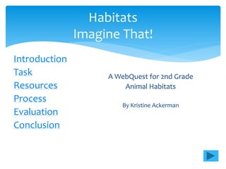 Habitats
Imagine That!
Introduction
Task
Resources
Process
Evaluation
Conclusion
A WebQuest for 2nd Grade
Animal Habitats
By Kristine Ackerman
 