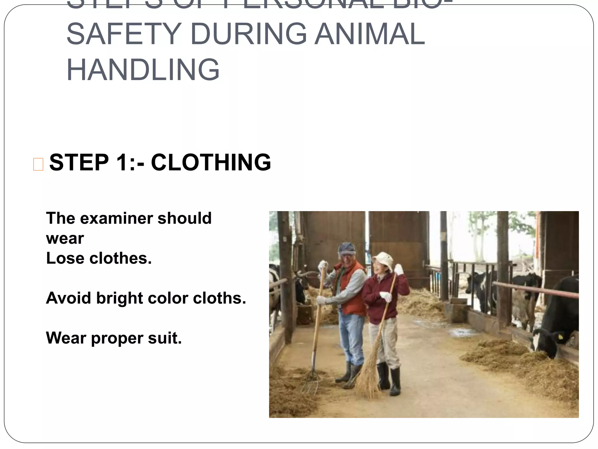 STEPS OF PERSONAL BIO-SAFETY 
DURING ANIMAL 
HANDLING 
STEP 1:- CLOTHING 
The examiner should 
wear 
Lose clothes. 
Avoid bright color cloths. 
Wear proper suit. 
 