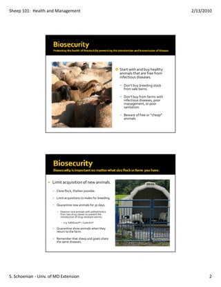 Sheep 101:  Health and Management                                                                  2/13/2010




                                                                    Start with and buy healthy 
                                                                    animals that are free from 
                                                                    infectious diseases.

                                                                      Don’t buy breeding stock 
                                                                      from sale barns.

                                                                      Don’t buy from farms with 
                                                                      infectious diseases, poor 
                                                                      infectious diseases  poor 
                                                                      management, or poor 
                                                                      sanitation.

                                                                      Beware of free or “cheap” 
                                                                      animals.




                      Limit acquisition of new animals.
                        Close flock, if/when possible.

                        Limit acquisitions to males for breeding.

                        Quarantine new animals for 30 days.

                        ▪ Deworm new animals with anthelmintics 
                          from two drug classes to prevent the 
                          introduction of drug‐resistant worms.

                           ▪ e.g. SafeGuard® + Cydectin®

                        Quarantine show animals when they 
                        return to the farm.

                        Remember that sheep and goats share 
                        the same diseases.




S. Schoenian ‐ Univ. of MD Extension                                                                      2
 