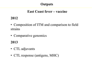 Update on animal health component 1.1