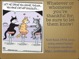 Whatever or 
whomever 
youre 
thankful for, 
be sure to let 
them know! 
Scott Reed, DVM, loves ! 
using animal humor! 
to express emotions! 
http://scottreeddvm.org 
