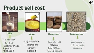 Product sell cost
Milk Ghee Dung cake
1 lit. =HF 50 ₹
for 6 fat.
1 kg. = Gir 1800 ₹
Total ghee 300
kg/year =
5,40,000 ₹
Dung cake =150
₹(5 piece)
Total 9000 pcs.
/year = ₹ 2,70,000
44
Total milk 37,500
lit/year =
18,75,000 ₹
Dung manure
Dung manure =
1.8 tons use in
forage farm
 