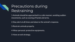 Precautions during
Restraining
1-Animals should be approached in a calm manner, avoiding sudden
movements, such as waving of hands and arms.
2-Stay alert at all times and observe the animal’s response.
3-Restrain animals properly.
4-Wear personal protective equipments.
5-Have an exit strategy.
 