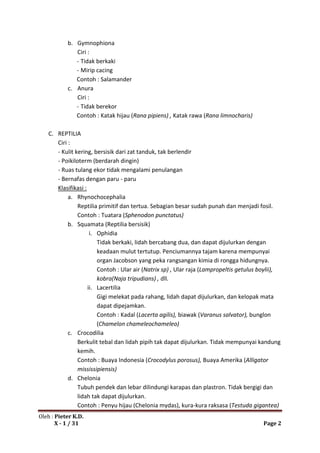 b. Gymnophiona
              Ciri :
              - Tidak berkaki
              - Mirip cacing
              Contoh : Salamander
           c. Anura
              Ciri :
              - Tidak berekor
              Contoh : Katak hijau (Rana pipiens) , Katak rawa (Rana limnocharis)

   C. REPTILIA
      Ciri :
      - Kulit kering, bersisik dari zat tanduk, tak berlendir
      - Poikiloterm (berdarah dingin)
      - Ruas tulang ekor tidak mengalami penulangan
      - Bernafas dengan paru - paru
      Klasifikasi :
           a. Rhynochocephalia
               Reptilia primitif dan tertua. Sebagian besar sudah punah dan menjadi fosil.
               Contoh : Tuatara (Sphenodon punctatus)
           b. Squamata (Reptilia bersisik)
                     i. Ophidia
                        Tidak berkaki, lidah bercabang dua, dan dapat dijulurkan dengan
                        keadaan mulut tertutup. Penciumannya tajam karena mempunyai
                        organ Jacobson yang peka rangsangan kimia di rongga hidungnya.
                        Contoh : Ular air (Natrix sp) , Ular raja (Lampropeltis getulus boylii),
                        kobra(Naja tripudians) , dll.
                    ii. Lacertilia
                        Gigi melekat pada rahang, lidah dapat dijulurkan, dan kelopak mata
                        dapat dipejamkan.
                        Contoh : Kadal (Lacerta agilis), biawak (Varanus salvator), bunglon
                        (Chamelon chameleochameleo)
           c. Crocodilia
               Berkulit tebal dan lidah pipih tak dapat dijulurkan. Tidak mempunyai kandung
               kemih.
               Contoh : Buaya Indonesia (Crocodylus porosus), Buaya Amerika (Alligator
               mississipiensis)
           d. Chelonia
               Tubuh pendek dan lebar dilindungi karapas dan plastron. Tidak bergigi dan
               lidah tak dapat dijulurkan.
               Contoh : Penyu hijau (Chelonia mydas), kura-kura raksasa (Testuda gigantea)
Oleh : Pieter K.D.
       X - 1 / 31                                                                        Page 2
 