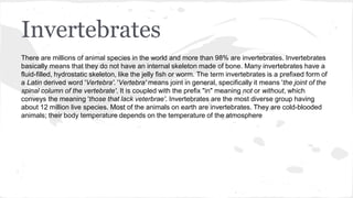 Invertebrates
There are millions of animal species in the world and more than 98% are invertebrates. Invertebrates
basically means that they do not have an internal skeleton made of bone. Many invertebrates have a
fluid-filled, hydrostatic skeleton, like the jelly fish or worm. The term invertebrates is a prefixed form of
a Latin derived word 'Vertebra'. 'Vertebra' means joint in general, specifically it means 'the joint of the
spinal column of the vertebrate'. It is coupled with the prefix "in" meaning not or without, which
conveys the meaning 'those that lack veterbrae'. Invertebrates are the most diverse group having
about 12 million live species. Most of the animals on earth are invertebrates. They are cold-blooded
animals; their body temperature depends on the temperature of the atmosphere
 