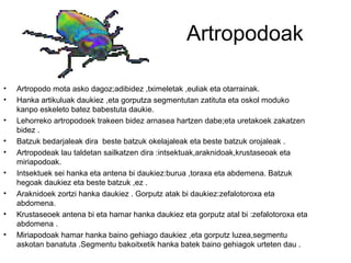 Artropodoak

•   Artropodo mota asko dagoz;adibidez ,tximeletak ,euliak eta otarrainak.
•   Hanka artikuluak daukiez ,eta gorputza segmentutan zatituta eta oskol moduko
    kanpo eskeleto batez babestuta daukie.
•   Lehorreko artropodoek trakeen bidez arnasea hartzen dabe;eta uretakoek zakatzen
    bidez .
•   Batzuk bedarjaleak dira beste batzuk okelajaleak eta beste batzuk orojaleak .
•   Artropodeak lau taldetan sailkatzen dira :intsektuak,araknidoak,krustaseoak eta
    miriapodoak.
•   Intsektuek sei hanka eta antena bi daukiez:burua ,toraxa eta abdemena. Batzuk
    hegoak daukiez eta beste batzuk ,ez .
•   Araknidoek zortzi hanka daukiez . Gorputz atak bi daukiez:zefalotoroxa eta
    abdomena.
•   Krustaseoek antena bi eta hamar hanka daukiez eta gorputz atal bi :zefalotoroxa eta
    abdomena .
•   Miriapodoak hamar hanka baino gehiago daukiez ,eta gorputz luzea,segmentu
    askotan banatuta .Segmentu bakoitxetik hanka batek baino gehiagok urteten dau .
 