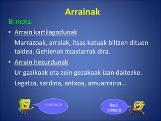 Arrainak Bi mota: Arrain kartilagodunak Marrazoak, arraiak, itsas katuak biltzen dituen taldea. Gehienak itsastarrak dira. Arrain hezurdunak Ur gazikoak eta zein gezakoak izan daitezke.  Legatza, sardina, antxoa, amuarraina... Ikusi argazkiak Itzuli menura 