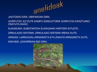 JAIOTZEKO ERA: OBIPAROAK DIRA.
GORPUTZA: EZ DUTE KAMPO ESKELETORIK GORPUTZA ERAZTUNEZ
OSATUTA DAGO.
ELIKADURA: SUBSTANTZIA ELIKAGAIAK HARTZEN DITUZTE .
ZIRKULAZIO SISTEMA: ZIRKULAZIO SISTEMA IREKIA DUTE.
ARNASA: LARRUAZAL-ARNASKETA ETA ZAKATZ-ARNASKETA DUTE.
NON BIZI: LEHORREAN BIZI DIRA.
 