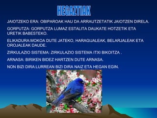 JAIOTZEKO ERA: OBIPAROAK HAU DA ARRAUTZETATIK JAIOTZEN DIRELA.
GORPUTZA: GORPUTZA LUMAZ ESTALITA DAUKATE HOTZETIK ETA
URETIK BABESTEKO.
ELIKADURA:MOKOA DUTE JATEKO, HARAGIJALEAK, BELARJALEAK ETA
OROJALEAK DAUDE.
ZIRKULAZIO SISTEMA: ZIRKULAZIO SISTEMA ITXI BIKOITZA .
ARNASA: BIRIKEN BIDEZ HARTZEN DUTE ARNASA.
NON BIZI DIRA:LURREAN BIZI DIRA NAIZ ETA HEGAN EGIN.
 