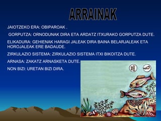 JAIOTZEKO ERA: OBIPAROAK .
GORPUTZA: ORNODUNAK DIRA ETA ARDATZ ITXURAKO GORPUTZA DUTE.
ELIKADURA: GEHIENAK HARAGI JALEAK DIRA BAINA BELARJALEAK ETA
HOROJALEAK ERE BADAUDE.
ZIRKULAZIO SISTEMA: ZIRKULAZIO SISTEMA ITXI BIKOITZA DUTE.
ARNASA: ZAKATZ ARNASKETA DUTE.
NON BIZI: URETAN BIZI DIRA.
 