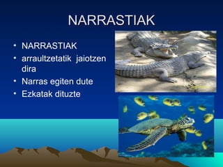 NARRASTIAK
• NARRASTIAK
• arraultzetatik jaiotzen
dira
• Narras egiten dute
• Ezkatak dituzte

 