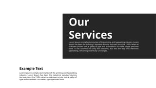 Our
Services
Lorem Ipsum is simply dummy text of the printing and typesetting industry. Lorem
Ipsum has been the industry's standard dummy text ever since the 1500s, when an
unknown printer took a galley of type and scrambled it to make a type specimen
book. It has survived not only five centuries, but also the leap into electronic
typesetting, remaining essentially unchanged.
Lorem Ipsum is simply dummy text of the printing and typesetting
industry. Lorem Ipsum has been the industry's standard dummy
text ever since the 1500s, when an unknown printer took a galley of
type and scrambled it to make a type specimen book
Example Text
 