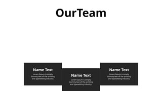 OurTeam
Lorem Ipsum is simply
dummy text of the printing
and typesetting industry.
Name Text
Lorem Ipsum is simply
dummy text of the printing
and typesetting industry.
Name Text Lorem Ipsum is simply
dummy text of the printing
and typesetting industry.
Name Text
 