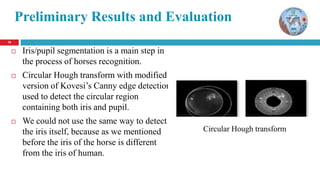 1919
Preliminary Results and Evaluation
 Iris/pupil segmentation is a main step in
the process of horses recognition.
 Circular Hough transform with modified
version of Kovesi’s Canny edge detection
used to detect the circular region
containing both iris and pupil.
 We could not use the same way to detect
the iris itself, because as we mentioned
before the iris of the horse is different
from the iris of human.
Circular Hough transform
 