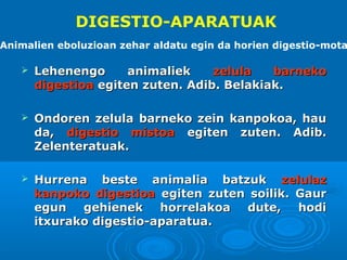 DIGESTIO-APARATUAK

Animalien eboluzioan zehar aldatu egin da horien digestio-mota


Lehenengo
animaliek
zelula
barneko
digestioa egiten zuten. Adib. Belakiak.



Ondoren zelula barneko zein kanpokoa, hau
da, digestio mistoa egiten zuten. Adib.
Zelenteratuak.



Hurrena beste animalia batzuk zelulaz
kanpoko digestioa egiten zuten soilik. Gaur
egun gehienek horrelakoa dute, hodi
itxurako digestio-aparatua.

 