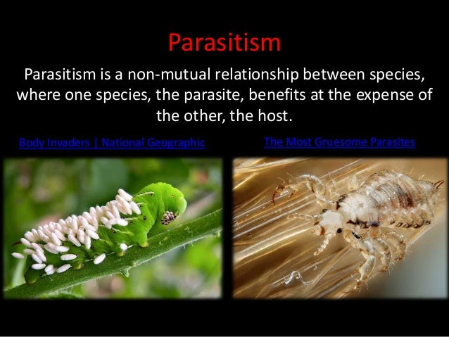 Parasitism
Parasitism is a non-mutual relationship between species,
where one species, the parasite, benefits at the expense of
the other, the host.
Body Invaders | National Geographic The Most Gruesome Parasites
 