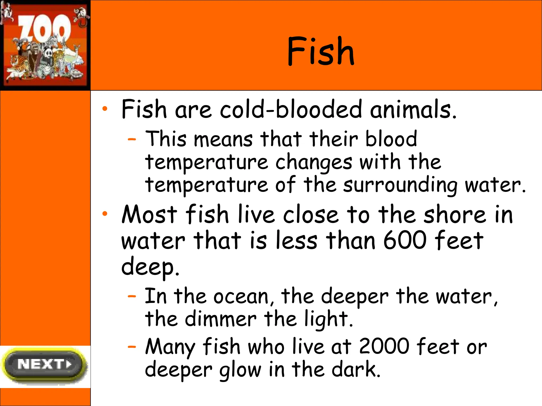 • Fish are cold-blooded animals.
– This means that their blood
temperature changes with the
temperature of the surrounding water.
• Most fish live close to the shore in
water that is less than 600 feet
deep.
– In the ocean, the deeper the water,
the dimmer the light.
– Many fish who live at 2000 feet or
deeper glow in the dark.
Fish
 