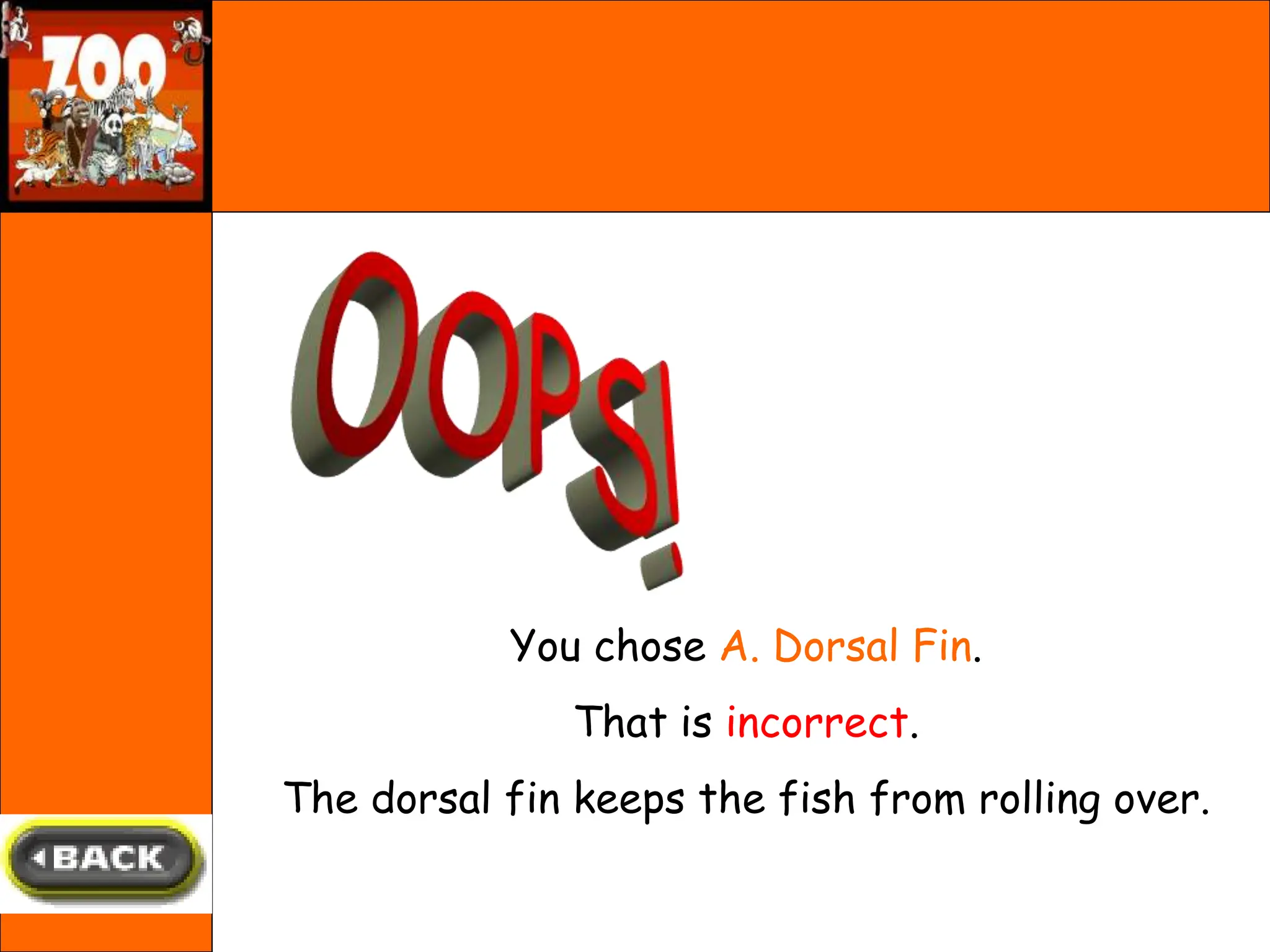 You chose A. Dorsal Fin.
That is incorrect.
The dorsal fin keeps the fish from rolling over.
 