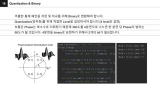 18 Quantization & Binary
추출한 홍채 패턴을 저장 및 비교를 위해 Binary로 변환해야 합니다.
Quantization(양자화)를 위해 적절한 Level을 설정하셔야 합니다.(4 level로 설정)
보통은 Phase는 복소수로 이뤄졌기 때문에 360도를 4분면으로 나누면 한 분면 당 Phase의 범위는
90도가 될 것입니다. 4분면을 binary로 표현하기 위해서 2개의 bit가 필요합니다.
 