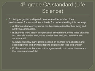    3. Living organisms depend on one another and on their
    environment for survival. As a basis for understanding this concept:
     • A. Students know ecosystems can be characterized by their living and
       nonliving components.
     • B.Students know that in any particular environment, some kinds of plants
       and animals survive well, some survive less well, and some cannot
       survive at all
     • C. Students know many plants depend on animals for pollination and
       seed dispersal, and animals depend on plants for food and shelter
     • D. Students know that most microorganisms do not cause disease and
       that many are beneficial.
 