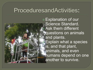  Explanation   of our
  Science Standard.
 Ask them different
  questions on animals
  and plants.
 Explain what a species
  is, and that plant,
  animals, and even
  humans depend on one
  another to survive.
 