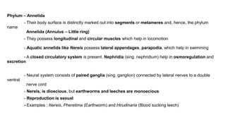 Phylum – Annelida
- Their body surface is distinctly marked out into segments or metameres and, hence, the phylum
name
Annelida (Annulus – Little ring)
- They possess longitudinal and circular muscles which help in locomotion
- Aquatic annelids like Nereis possess lateral appendages, parapodia, which help in swimming
- A closed circulatory system is present. Nephridia (sing. nephridium) help in osmoregulation and
excretion
- Neural system consists of paired ganglia (sing. ganglion) connected by lateral nerves to a double
ventral
nerve cord
- Nereis, is dioecious, but earthworms and leeches are monoecious
- Reproduction is sexual
- Examples : Nereis, Pheretima (Earthworm) and Hirudinaria (Blood sucking leech)
 