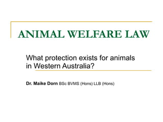ANIMAL WELFARE LAW What protection exists for animals in Western Australia? Dr. Maike Dorn  BSc BVMS (Hons) LLB (Hons) 