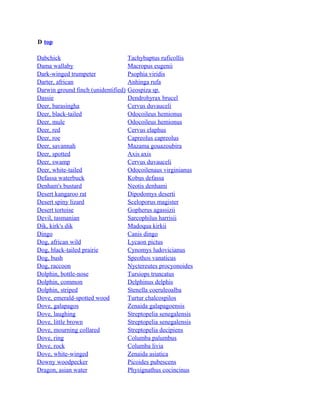 D top
Dabchick
Dama wallaby
Dark-winged trumpeter
Darter, african
Darwin ground finch (unidentified)
Dassie
Deer, barasingha
Deer, black-tailed
Deer, mule
Deer, red
Deer, roe
Deer, savannah
Deer, spotted
Deer, swamp
Deer, white-tailed
Defassa waterbuck
Denham's bustard
Desert kangaroo rat
Desert spiny lizard
Desert tortoise
Devil, tasmanian
Dik, kirk's dik
Dingo
Dog, african wild
Dog, black-tailed prairie
Dog, bush
Dog, raccoon
Dolphin, bottle-nose
Dolphin, common
Dolphin, striped
Dove, emerald-spotted wood
Dove, galapagos
Dove, laughing
Dove, little brown
Dove, mourning collared
Dove, ring
Dove, rock
Dove, white-winged
Downy woodpecker
Dragon, asian water

Tachybaptus ruficollis
Macropus eugenii
Psophia viridis
Anhinga rufa
Geospiza sp.
Dendrohyrax brucel
Cervus duvauceli
Odocoileus hemionus
Odocoileus hemionus
Cervus elaphus
Capreolus capreolus
Mazama gouazoubira
Axis axis
Cervus duvauceli
Odocoilenaus virginianus
Kobus defassa
Neotis denhami
Dipodomys deserti
Sceloporus magister
Gopherus agassizii
Sarcophilus harrisii
Madoqua kirkii
Canis dingo
Lycaon pictus
Cynomys ludovicianus
Speothos vanaticus
Nyctereutes procyonoides
Tursiops truncatus
Delphinus delphis
Stenella coeruleoalba
Turtur chalcospilos
Zenaida galapagoensis
Streptopelia senegalensis
Streptopelia senegalensis
Streptopelia decipiens
Columba palumbus
Columba livia
Zenaida asiatica
Picoides pubescens
Physignathus cocincinus

 