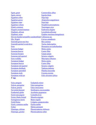 Egret, great
Egret, snowy
Egyptian cobra
Egyptian goose
Egyptian viper
Egyptian vulture
Eland, common
Elegant crested tinamou
Elephant, african
Elephant, asian
Eleven-banded armadillo (unidentified)
Elk, Wapiti
Emerald green tree boa
Emerald-spotted wood dove
Emu
Eurasian badger
Eurasian beaver
Eurasian hoopoe
Eurasian red squirrel
Euro wallaby
European badger
European beaver
European red squirrel
European shelduck
European spoonbill
European stork
European wild cat
F top
Fairy penguin
Falcon, peregrine
Falcon, prairie
Fat-tailed dunnart
Feathertail glider
Feral rock pigeon
Ferret, black-footed
Ferruginous hawk
Field flicker
Finch, common melba
Fisher
Flamingo, chilean
Flamingo, greater

Casmerodius albus
Egretta thula
Naja haje
Alopochen aegyptiacus
Naja haje
Neophron percnopterus
Taurotagus oryx
Eudromia elegans
Loxodonta africana
Elephas maximus bengalensis
Cabassous sp.
Cervus canadensis
Boa caninus
Turtur chalcospilos
Dromaeus novaehollandiae
Meles meles
Castor fiber
Upupa epops
Sciurus vulgaris
Macropus robustus
Meles meles
Castor fiber
Sciurus vulgaris
Tadorna tadorna
Platalea leucordia
Ciconia ciconia
Felis silvestris lybica

Eudyptula minor
Falco peregrinus
Falco mexicanus
Smithopsis crassicaudata
Acrobates pygmaeus
Columba livia
Mustela nigripes
Buteo regalis
Colaptes campestroides
Pytilia melba
Martes pennanti
Phoenicopterus chilensis
Phoenicopterus ruber

 