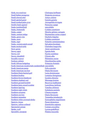 Sloth, two-toed tree
Small Indian mongoose
Small-clawed otter
Small-spotted genet
Small-toothed palm civet
Smith's bush squirrel
Snake (unidentified)
Snake, buttermilk
Snake, carpet
Snake, eastern indigo
Snake, green vine
Snake, racer
Snake, tiger
Snake, western patch-nosed
Snake-necked turtle
Snow goose
Snowy egret
Snowy owl
Snowy sheathbill
Sociable weaver
Sockeye salmon
South African hedgehog
South American meadowlark (unidentified)
South American puma
South American sea lion
Southern black-backed gull
Southern boubou
Southern brown bandicoot
Southern elephant seal
Southern ground hornbill
Southern hairy-nosed wombat
Southern lapwing
Southern right whale
Southern screamer
Southern sea lion
Southern tamandua
Southern white-crowned shrike
Sparrow, house
Sparrow, rufous-collared
Spectacled caiman
Spider, wolf
Spoonbill, european

Choloepus hoffmani
Herpestes javanicus
Aonyx cinerea
Genetta genetta
Arctogalidia trivirgata
Paraxerus cepapi
unavailable
Coluber constrictor
Morelia spilotes variegata
Drymarchon corias couperi
Oxybelis fulgidus
Coluber constrictor
Notechis semmiannulatus
Salvadora hexalepis
Chelodina longicollis
Anser caerulescens
Egretta thula
Nyctea scandiaca
Chionis alba
Philetairus socius
Oncorhynchus nerka
Erinaceus frontalis
unavailable
Felis concolor
Otaria flavescens
Larus dominicanus
Laniarius ferrugineus
Isoodon obesulus
Mirounga leonina
Bucorvus leadbeateri
Lasiorhinus latifrons
Vanellus chilensis
Eubalaena australis
Chauna torquata
Otaria flavescens
Tamandua tetradactyla
Eurocephalus anguitimens
Passer domesticus
Zonotrichia capensis
Caiman crocodilus
Lycosa godeffroyi
Platalea leucordia

 