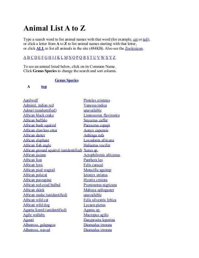 List Animals Az