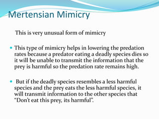 Mertensian Mimicry
This is very unusual form of mimicry
 This type of mimicry helps in lowering the predation
rates because a predator eating a deadly species dies so
it will be unable to transmit the information that the
prey is harmful so the predation rate remains high.
 But if the deadly species resembles a less harmful
species and the prey eats the less harmful species, it
will transmit information to the other species that
“Don’t eat this prey, its harmful”.
 
