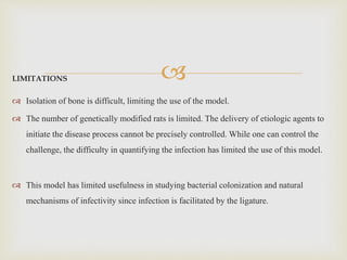 LIMITATIONS
 Isolation of bone is difficult, limiting the use of the model.
 The number of genetically modified rats is limited. The delivery of etiologic agents to
initiate the disease process cannot be precisely controlled. While one can control the
challenge, the difficulty in quantifying the infection has limited the use of this model.
 This model has limited usefulness in studying bacterial colonization and natural
mechanisms of infectivity since infection is facilitated by the ligature.
 