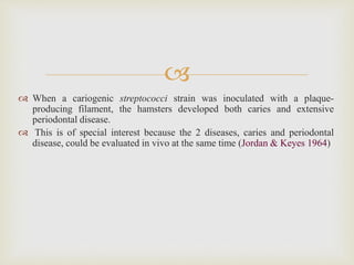 
 When a cariogenic streptococci strain was inoculated with a plaque-
producing filament, the hamsters developed both caries and extensive
periodontal disease.
 This is of special interest because the 2 diseases, caries and periodontal
disease, could be evaluated in vivo at the same time (Jordan & Keyes 1964)
 