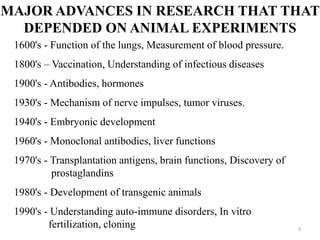 3
MAJOR ADVANCES IN RESEARCH THAT THAT
DEPENDED ON ANIMAL EXPERIMENTS
1600's - Function of the lungs, Measurement of blood pressure.
1800's – Vaccination, Understanding of infectious diseases
1900's - Antibodies, hormones
1930's - Mechanism of nerve impulses, tumor viruses.
1940's - Embryonic development
1960's - Monoclonal antibodies, liver functions
1970's - Transplantation antigens, brain functions, Discovery of
prostaglandins
1980's - Development of transgenic animals
1990's - Understanding auto-immune disorders, In vitro
fertilization, cloning
 