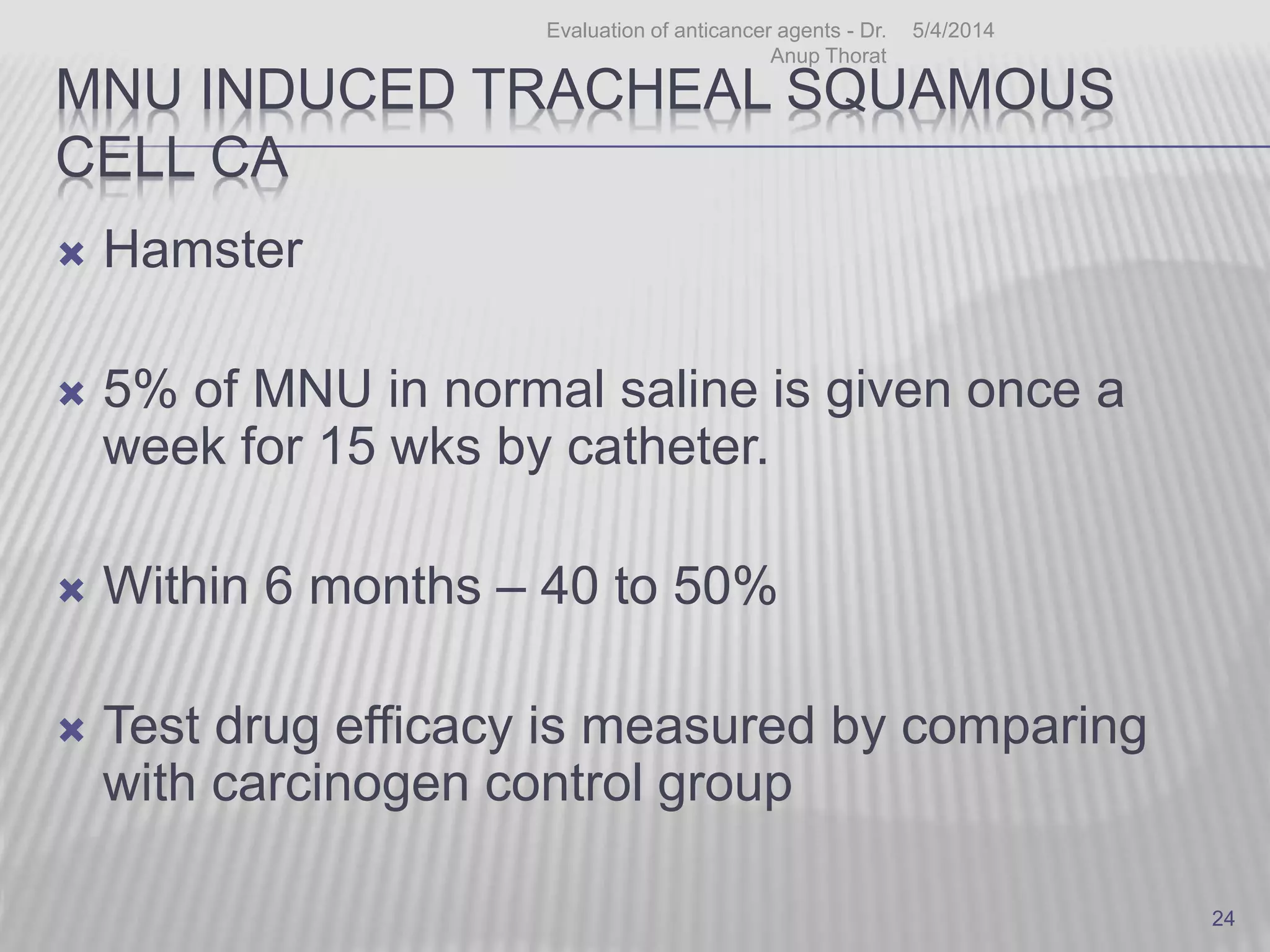 MNU INDUCED TRACHEAL SQUAMOUS
CELL CA
 Hamster
 5% of MNU in normal saline is given once a
week for 15 wks by catheter.
 Within 6 months – 40 to 50%
 Test drug efficacy is measured by comparing
with carcinogen control group
5/4/2014Evaluation of anticancer agents - Dr.
Anup Thorat
24
 
