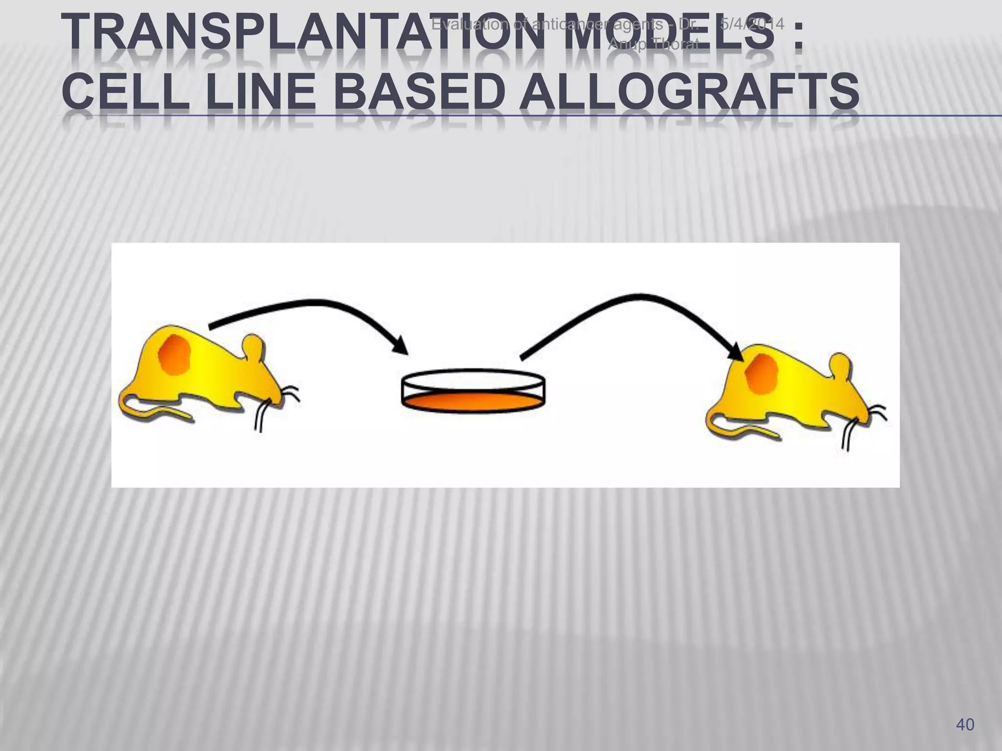 TRANSPLANTATION MODELS :
CELL LINE BASED ALLOGRAFTS
5/4/2014Evaluation of anticancer agents - Dr.
Anup Thorat
40
 