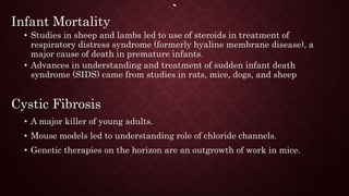Infant Mortality
• Studies in sheep and lambs led to use of steroids in treatment of
respiratory distress syndrome (formerly hyaline membrane disease), a
major cause of death in premature infants.
• Advances in understanding and treatment of sudden infant death
syndrome (SIDS) came from studies in rats, mice, dogs, and sheep
Cystic Fibrosis
• A major killer of young adults.
• Mouse models led to understanding role of chloride channels.
• Genetic therapies on the horizon are an outgrowth of work in mice.
 