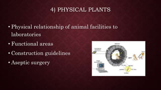 4) PHYSICAL PLANTS
• Physical relationship of animal facilities to
laboratories
• Functional areas
• Construction guidelines
• Aseptic surgery
 