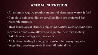 ANIMAL NUTRITION
• All animals require regular amount of clean pure water & food
• Complete balanced diet or certified diets are preferred for
research purposes
• Most toxicological studies employ ad libitum feeding conditions
In which animals are allowed to regulate their own dietary
intake to meet energy requirements
• Ad libitum feeding for long term rodent bio-assay impacts
longevity , carcinogenesis & over all animal health
 