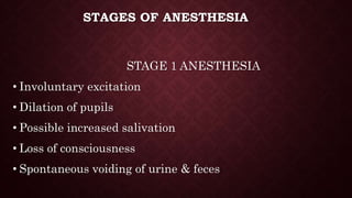 STAGES OF ANESTHESIA
STAGE 1 ANESTHESIA
• Involuntary excitation
• Dilation of pupils
• Possible increased salivation
• Loss of consciousness
• Spontaneous voiding of urine & feces
 