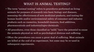 WHAT IS ANIMAL TESTING?
• The term "animal testing" refers to procedures performed on living
animals for purposes of research into basic biology and diseases,
assessing the effectiveness of new medicinal products, and testing the
human health and/or environmental safety of consumer and industry
products such as cosmetics, household cleaners, food additives,
pharmaceuticals and industrial/agro-chemicals.
• All procedures, even those classified as “mild,” have the potential to cause
the animals physical as well as psychological distress and suffering.
• Often the procedures can cause a great deal of suffering. Most animals
are killed at the end of an experiment, but some may be re-used in
subsequent experiments.
 