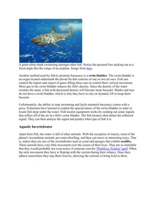 A great white shark swimming amongst other fish. Notice the pectoral fins sticking out at a
fixed angle like the wings of an airplane. Image from here.
Another method used by fish to promote buoyancy is a swim bladder. The swim bladder is
an organ located underneath the dorsal fin that consists of one or two air sacs. Fish can
control the import and export of gases filling these sacs to control their vertical movement.
More gas in the swim bladder reduces the fish's density. Since the density of the water
remains the same, a fish with decreased density will become more buoyant. Sharks and rays
do not have a swim bladder, which is why they have to rely on dynamic lift to keep them
buoyant.
Unfortunately, the ability to stop swimming and lazily maintain buoyancy comes with a
price. Fishermen have learned to exploit the special nature of the swim bladder in order to
locate fish deep under the water. Fish locator equipment works by sending out sonar signals
that reflect off of the air in a fish's swim bladder. The fish locators then detect the reflected
signal. They can then analyze the signal and predict what type of fish it is.

Aquatic Invertebrates
Apart from fish, the water is full of other animals. With the exception of insects, most of the
planet's invertebrate animals are water-dwelling, and they can move in interesting ways. That
is, unless they are one of the invertebrates such as coral and sponges that exhibit sessility.
These animals have very little movement over the course of their lives. They are so immobile
that they would probably not even notice if someone cast the "Petrificus Totalus" spell. Often
the only movement they have is floating with the current during their infancy. Once they
adhere somewhere they stay there forever, allowing the currents to bring food to them.

 