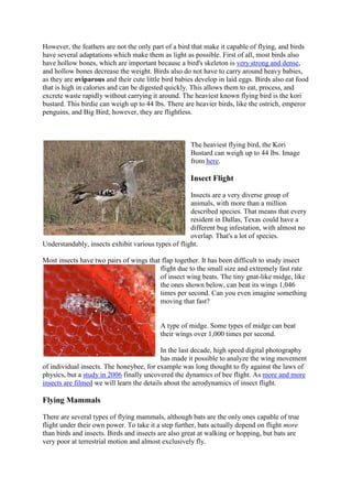 However, the feathers are not the only part of a bird that make it capable of flying, and birds
have several adaptations which make them as light as possible. First of all, most birds also
have hollow bones, which are important because a bird's skeleton is very strong and dense,
and hollow bones decrease the weight. Birds also do not have to carry around heavy babies,
as they are oviparous and their cute little bird babies develop in laid eggs. Birds also eat food
that is high in calories and can be digested quickly. This allows them to eat, process, and
excrete waste rapidly without carrying it around. The heaviest known flying bird is the kori
bustard. This birdie can weigh up to 44 lbs. There are heavier birds, like the ostrich, emperor
penguins, and Big Bird; however, they are flightless.

The heaviest flying bird, the Kori
Bustard can weigh up to 44 lbs. Image
from here.

Insect Flight
Insects are a very diverse group of
animals, with more than a million
described species. That means that every
resident in Dallas, Texas could have a
different bug infestation, with almost no
overlap. That's a lot of species.
Understandably, insects exhibit various types of flight.
Most insects have two pairs of wings that flap together. It has been difficult to study insect
flight due to the small size and extremely fast rate
of insect wing beats. The tiny gnat-like midge, like
the ones shown below, can beat its wings 1,046
times per second. Can you even imagine something
moving that fast?

A type of midge. Some types of midge can beat
their wings over 1,000 times per second.
In the last decade, high speed digital photography
has made it possible to analyze the wing movement
of individual insects. The honeybee, for example was long thought to fly against the laws of
physics, but a study in 2006 finally uncovered the dynamics of bee flight. As more and more
insects are filmed we will learn the details about the aerodynamics of insect flight.

Flying Mammals
There are several types of flying mammals, although bats are the only ones capable of true
flight under their own power. To take it a step further, bats actually depend on flight more
than birds and insects. Birds and insects are also great at walking or hopping, but bats are
very poor at terrestrial motion and almost exclusively fly.

 