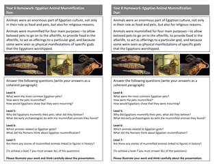 Year 8 Homework: Egyptian Animal Mummification
Due:
Animals were an enormous part of Egyptian culture, not only
in their role as food and pets, but also for religious reasons.
Animals were mummified for four main purposes—to allow
beloved pets to go on to the afterlife, to provide food in the
afterlife, to act as offerings to a particular god, and because
some were seen as physical manifestations of specific gods
that the Egyptians worshipped.
Answer the following questions (write your answers as a
coherent paragraph):
Level 4:
What were the most common Egyptian pets?
How were the pets mummified?
How would Egyptians show that they were mourning?
Level 5:
Why did Egyptians mummify their pets, what did they believe?
What did early archaeologists do with the mummified animals they found?
Level 6:
Which animals related to Egyptian gods?
What did the Romans think about Egyptian mummification?
Level 7:
Are there any stories of mummified animals linked to figures in history?
(To achieve a level 7 you must answer ALL of the questions)
Please illustrate your work and think carefully about the presentation.
Year 8 Homework: Egyptian Animal Mummification
Due:
Animals were an enormous part of Egyptian culture, not only
in their role as food and pets, but also for religious reasons.
Animals were mummified for four main purposes—to allow
beloved pets to go on to the afterlife, to provide food in the
afterlife, to act as offerings to a particular god, and because
some were seen as physical manifestations of specific gods
that the Egyptians worshipped.
Answer the following questions (write your answers as a
coherent paragraph):
Level 4:
What were the most common Egyptian pets?
How were the pets mummified?
How would Egyptians show that they were mourning?
Level 5:
Why did Egyptians mummify their pets, what did they believe?
What did early archaeologists do with the mummified animals they found?
Level 6:
Which animals related to Egyptian gods?
What did the Romans think about Egyptian mummification?
Level 7:
Are there any stories of mummified animals linked to figures in history?
(To achieve a level 7 you must answer ALL of the questions)
Please illustrate your work and think carefully about the presentation.
 