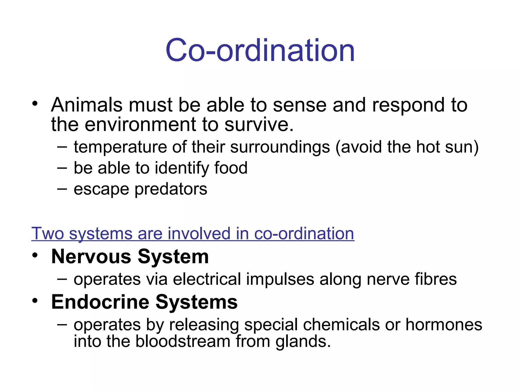 Co-ordination
• Animals must be able to sense and respond to
  the environment to survive.
   – temperature of their surroundings (avoid the hot sun)
   – be able to identify food
   – escape predators

Two systems are involved in co-ordination
• Nervous System
   – operates via electrical impulses along nerve fibres
• Endocrine Systems
   – operates by releasing special chemicals or hormones
     into the bloodstream from glands.
 